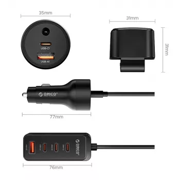 ORICO ChargeClip 108W automobilinis įkroviklis su spaustuku, 2x USB-A + 4x USB-C, juodas