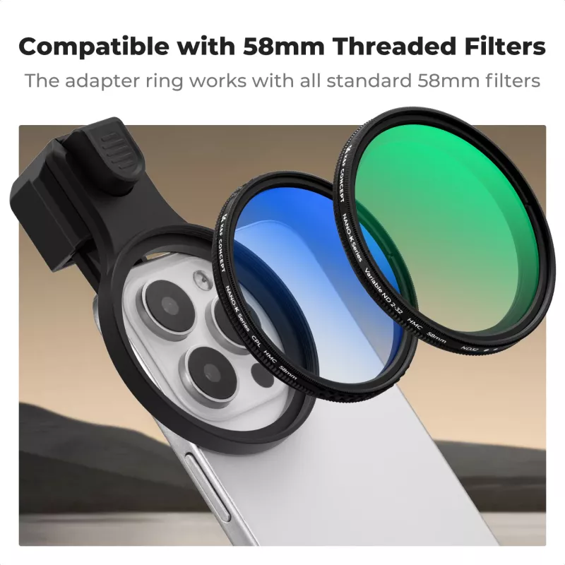 K&F Concept Smartphone laikiklis su segtuku 58 mm filtrams ir objektyvams - juoda