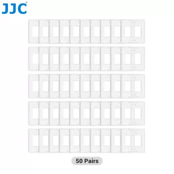 JJC SM-35x50 Skaidrių rėmeliai 35 mm juostai, 50x50 mm rėmelis, 36x24 mm anga, ABS plastikas, užspaudžiami, 50 vnt.