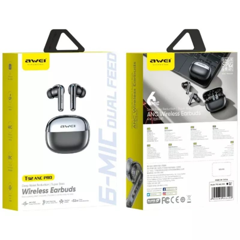 AWEI T92 ANC Pro True Wireless Earbuds su įkrovimo dėklu, juoda