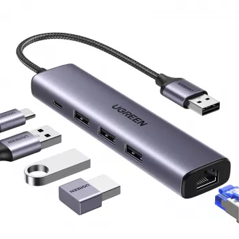 UGREEN 5-in-1 USB-A Hub to 3x USB 3.0 + RJ45 + USB-C (Silver)