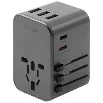ENERGEA Travelworld 35.5W 3A2C USB įkroviklis su US/EU/UK/AU kištukais, ginklų metalo spalvos