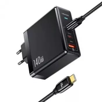 USAMS T52PD140W 140W GaN sieninis įkroviklis su 240W USB-C kabeliu, 2xUSB-C + 1xUSB-A, PD greitasis įkrovimas, juodas (US-CC168 + US-SJ581) UM serija UMXLOGTC01