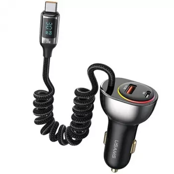USAMS C37 Automobilinis įkroviklis 1xUSB-A + 1xUSB-C 60W su USB-C į USB-C laidu 30W PD+QC Greitas įkrovimas Juodas CC192CC01 (US-CC192)