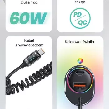 USAMS C37 Automobilinis įkroviklis 1xUSB-A + 1xUSB-C 60W su USB-C į USB-C laidu 30W PD+QC Greitas įkrovimas Juodas CC192CC01 (US-CC192)