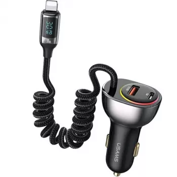 USAMS C37 Automobilinis įkroviklis 60W 1xUSB-A + 1xUSB-C PD+QC Greitas įkrovimas su Lightning kabeliu 30W Juodas CC193CC01 (US-CC193)