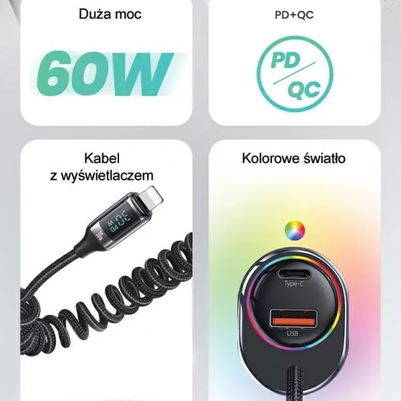 USAMS C37 Automobilinis įkroviklis 60W 1xUSB-A + 1xUSB-C PD+QC Greitas įkrovimas su Lightning kabeliu 30W Juodas CC193CC01 (US-CC193)