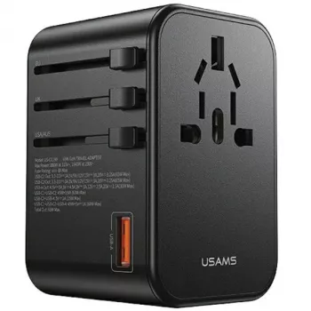 USAMS Universal Travel Charger 65W 1xUSB-A + 2xUSB-C T62 su keičiamais kištukais US/AU/EU/UK Juoda CC199TC01 (US-CC199)