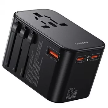 USAMS Universal Travel Charger 65W 1xUSB-A + 2xUSB-C T62 su keičiamais kištukais US/AU/EU/UK Juoda CC199TC01 (US-CC199)