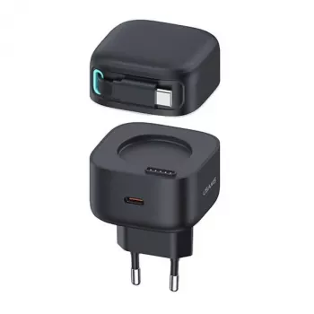 USAMS XMF Series CC202TC01 35W GaN greitasis įkroviklis su ištraukiamu USB-C laidu, juodas