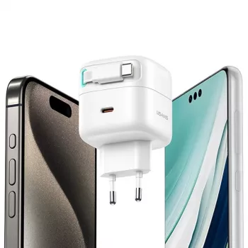 USAMS XMF Series CC202TC01 35W GaN greitasis įkroviklis su ištraukiamu USB-C laidu, juodas