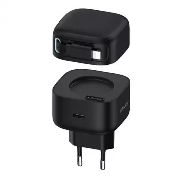 USAMS XMF Series CC209TC01 35W GaN greitasis įkroviklis su įtraukiamu USB-C į Lightning laidu, juodas