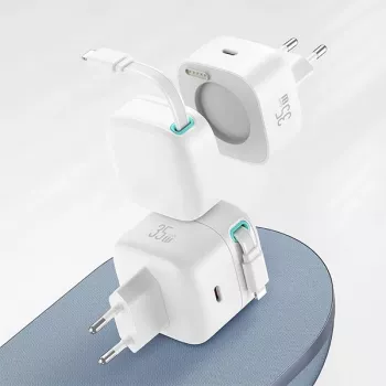 USAMS XMF Series CC209TC01 35W GaN greitasis įkroviklis su įtraukiamu USB-C į Lightning laidu, juodas
