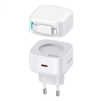 USAMS XMF Series CC209TC02 GaN 35W Fast Charger with Retractable Lightning Cable, White