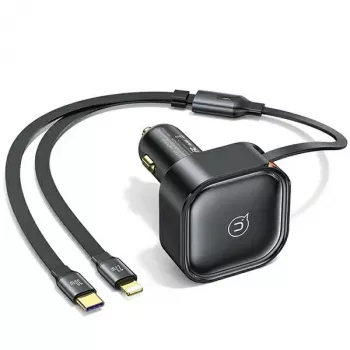USAMS C41 Automobilinis įkroviklis 30W PD Greitasis Įkrovimas su Ištraukiamu USB-C ir Lightning Kabeliu Juodas (US-CC219)