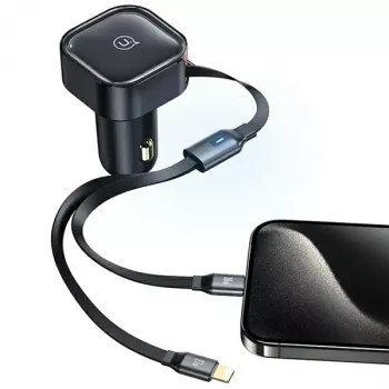 USAMS C41 Automobilinis įkroviklis 30W PD Greitasis Įkrovimas su Ištraukiamu USB-C ir Lightning Kabeliu Juodas (US-CC219)