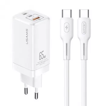 USAMS GaN 65W USB-C įkroviklis MTXLOGTC02 Baltas su 100W USB-C laidu
