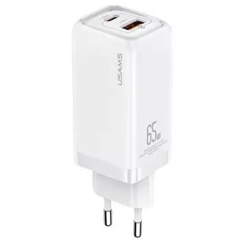 USAMS T47 65W PD greito įkrovimo Super Si sieninis įkroviklis su 1x USB-C ir 1x USB-A, baltas (CC153TC02)