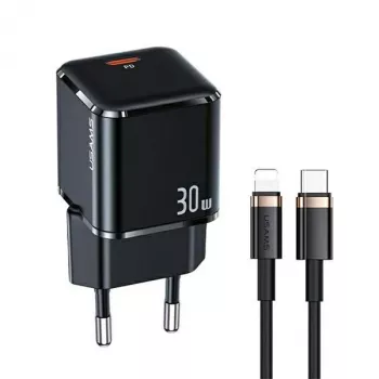 USAMS T45 30W PD3.0 USB-C greitasis įkroviklis su U63 USB-C į Lightning laidu, juodas, UXTZH01