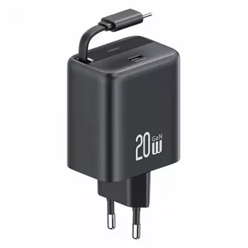USAMS YC Series GaN 20W USB-C sieninis įkroviklis su įtraukiamu kabeliu, PD+QC greitasis įkrovimas, juodas (US-CC233)