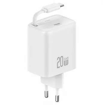 USAMS YC Series GaN 20W USB-C sieninis įkroviklis su ištraukiamu USB-C kabeliu, PD+QC greitasis įkrovimas, baltas (US-CC233)