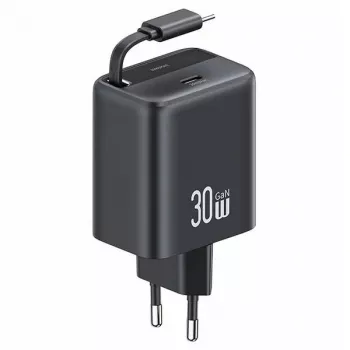 USAMS YC Series CC241TC01 30W GaN USB-C sieninis įkroviklis su įtraukiamu USB-C kabeliu, PD+QC greitasis įkrovimas, juodas