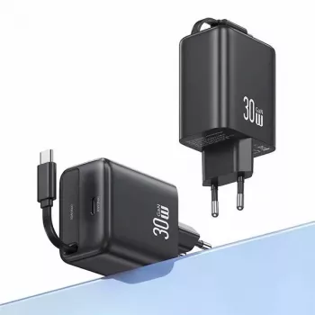 USAMS YC Series CC241TC01 30W GaN USB-C sieninis įkroviklis su įtraukiamu USB-C kabeliu, PD+QC greitasis įkrovimas, juodas
