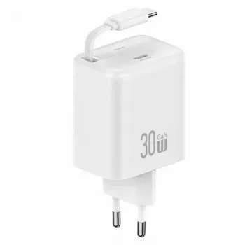 USAMS YC Series CC241TC02 30W GaN USB-C sieninis įkroviklis su įtraukiamu USB-C laidu, PD+QC greitasis įkrovimas, baltas