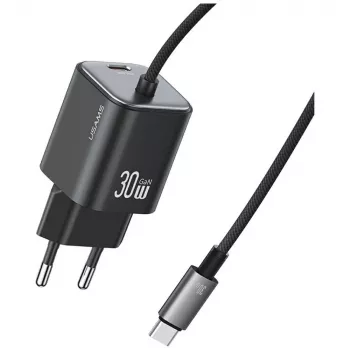 USAMS 30W GaN greitasis įkroviklis su USB-C kabeliu (juodas, EU kištukas)
