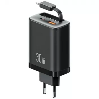 USAMS Xiang Series CC296 30W sieninis įkroviklis su USB-C ir USB-A, juodas