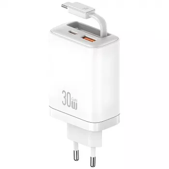USAMS Xiang Series CC296 30W USB-C/USB-A įkroviklis su USB-C laidu baltas