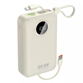 Powerbank Dudao K14+ 20000mAh 22.5W USB-C / USB-A su įmontuotais Lightning ir USB-C kabeliais - balta