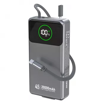 Powerbank Dudao K31 Pro 45W 20000mAh su įmontuotu ištraukiamu USB-C laidu - pilka