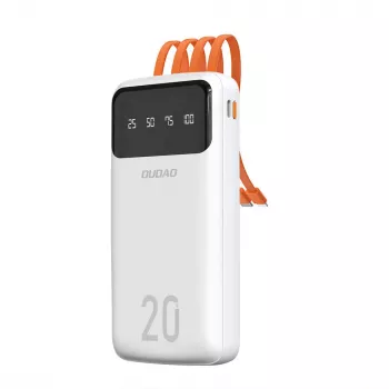 Dudao K6Pro+ Power Bank 20000mAh su 4 įmontuotais kabeliais USB-C, Micro USB, Lightning, USB-A (Input) - Balta
