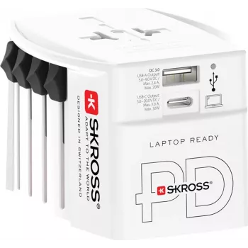 SKROSS MUV USB AC30PD World Travel Adapter su USB įkrovikliu, baltas