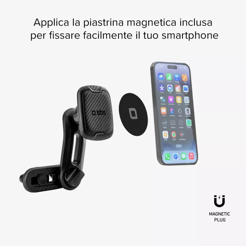 SBS Magnetic Double Clip Car Phone Holder - Universal Smartphone Mount with Strong Neodymium Magnets, 360° Rotation, Black