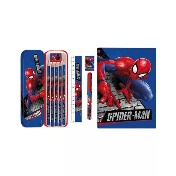 KIDS 11-in-1 Spider-Man mokyklinis raštinės reikmenų rinkinys su penalais, spalvotais pieštukais, A5 sąsiuviniu ir dar daugiau