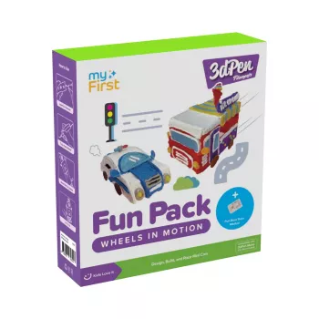 myFirst 3dPen Make Filaments Fun Pack Wheels in Motion - kūrybinis rinkinys 3D rašikliui: 5 šablonai, 17 PCL papildymų (34 m), atgal traukiamas automobilio modulis, termoplastinis lapas