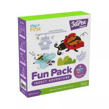 myFirst 3dPen Make Filaments Fun Pack Insect Adventure - kūrybinis rinkinys 3D rašikliui: 5 šablonai, 17 PCL gijų (34 m), atgal traukiamo automobilio modulis, termoplastinis lakštas