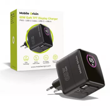 Mobile Origin 65W GaN Įkroviklis PW3 USB-C Įtraukiamas Laidas 65cm + USB-A Juodas