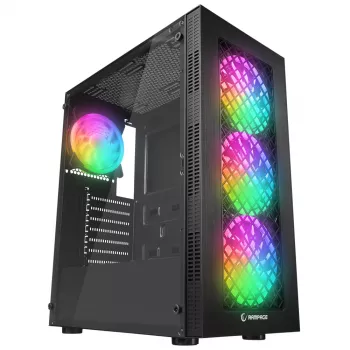 Rampage PLAID V1 Mid Tower PC Case su grūdinto stiklo langu, 4x 120mm RGB ventiliatoriai, juoda
