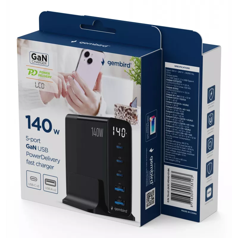 GEMBIRD TA-UC-2A3C-PD140-01-BK GaN 100W 5-Port USB-C & USB-A Fast Charger Black