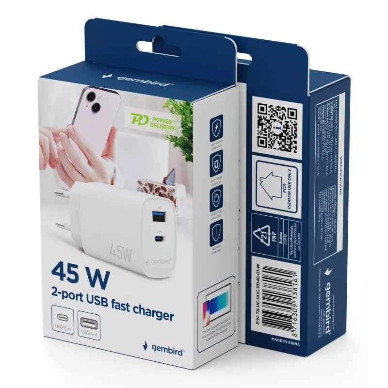 Gembird TA-UC-1A1C-PD45-01-W 45W USB-C PD sieninis įkroviklis baltas