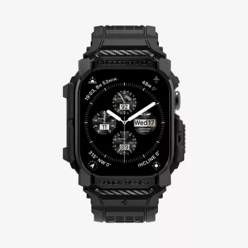 SPIGEN Rugged Armor Pro Apple Watch 10/11 (42 mm) matinio juodo korpuso dėklas su integruotu dirželiu