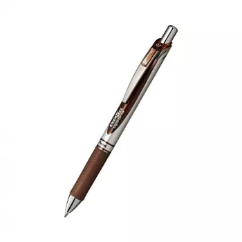 Pentel EnerGel Xm įtraukiamas gelinis rašiklis - ruda rašalas - 0,35 mm - ypač plonas antgalis - adatinis antgalis - plastikinis korpusas - guminė rankena - rudas korpusas - sidabrinis segtukas - apvali forma