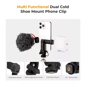 K&F Concept Tripod Mount Phone Holder su 1/4 colio varžtu, 360° sukimu, išmaniesiems telefonams, juoda