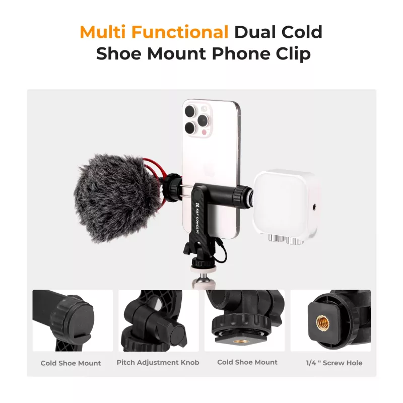 K&F Concept Tripod Mount Phone Holder su 1/4 colio varžtu, 360° sukimu, išmaniesiems telefonams, juoda