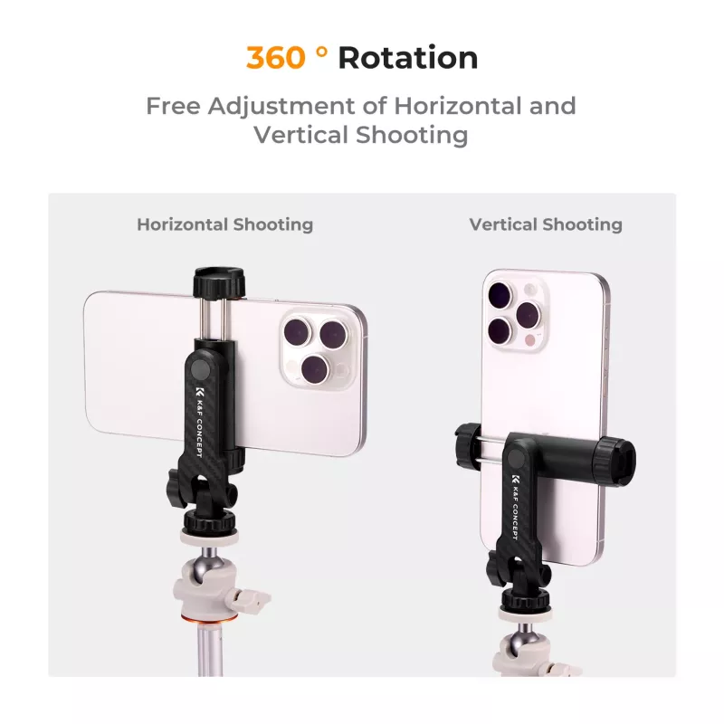 K&F Concept Tripod Mount Phone Holder su 1/4 colio varžtu, 360° sukimu, išmaniesiems telefonams, juoda