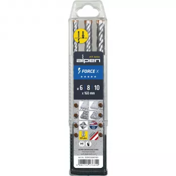 Alpen SDS+ FORCE X Hammer Drill Bit Set, 3 Pieces, 6-8-10 x 160 mm, 4-Cutter, Tungsten Carbide