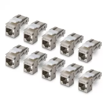 StarTech.com Ekranuotas Cat6a Keystone Jack modulis 10 vnt. pakuotėje RJ45 Ethernet lizdas, STP, 90 laipsnių kampu, be įrankių, sidabrinis, 10GBase-T